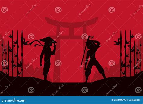 Two Ninjas With Bamboo Silhouettes Stock Vector Illustration Of
