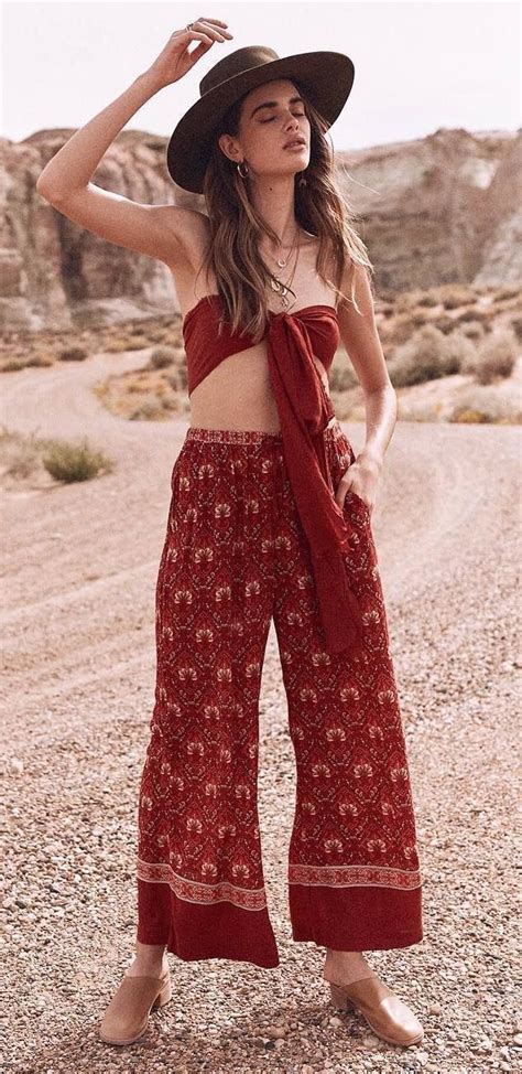 Boho Style Obsession Hat Boots Wide Pants Crop Top Boho