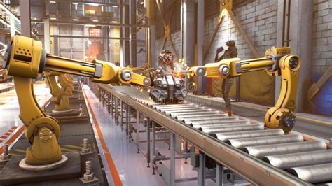 Automated Robotic Assembly Line Robotics Works In A Production Line Of Robot Parts In A Factory