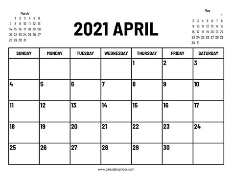 2021 April Calendar Calendar Options