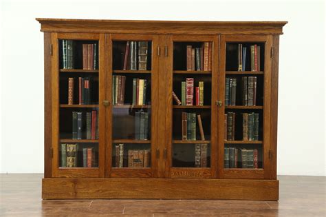 Oak 1900 Antique Library Bookcase 4 Wavy Glass Doors Adjustable