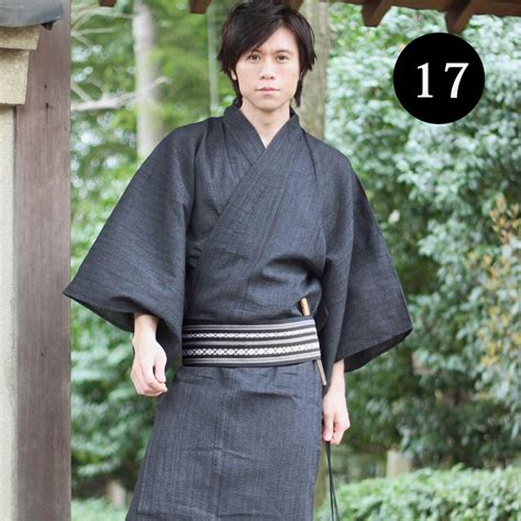 Japanese Mens Kimono Yukata And Obi Belt Set Size M Black Blue Wn Ebay
