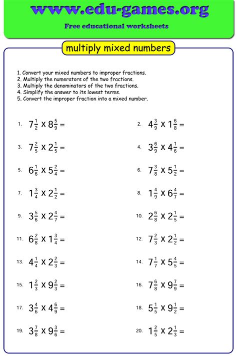 Multiplying Mixed Numbers Simplifying Worksheets
