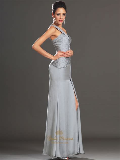 Grey Chiffon One Shoulder Pleated Bodice Prom Dress With Side Slits
