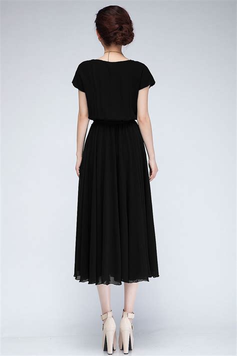 Fashion Pleated O Neck Short Sleeves Black Chiffon Mid Calf Dress Dresses Lovelywholesale