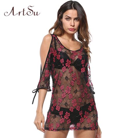 Artsu Hollow Out Lace Mini Dress Women Sexy Beach See Through Off