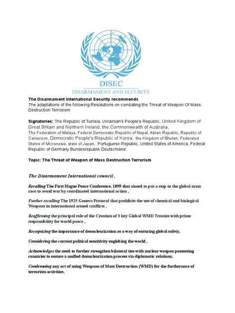 Proposed Resolutions On Combating The Threat Of Weapon Of Mass Destruction Terrorism And