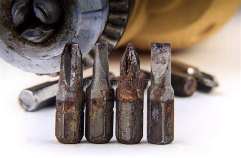 Close Up Driller And Rust Metallic Screwdrivers Stock Photo Image Of