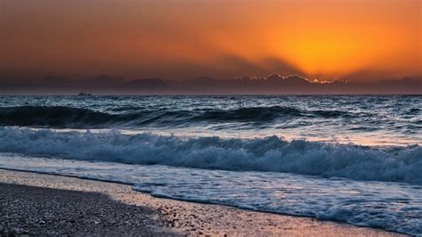 Sunset Ocean Clouds Landscapes Nature Waves