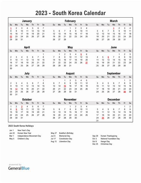 2023 South Korea Calendar With Holidays