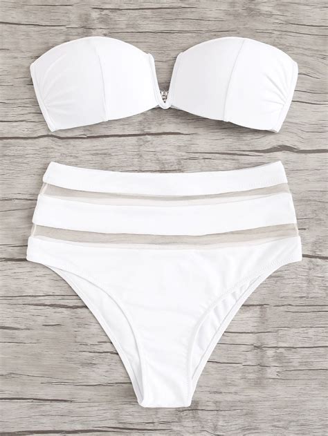 White Swimsuit Seam Bandeau With Mesh Panel High Waist Bikini Bottom