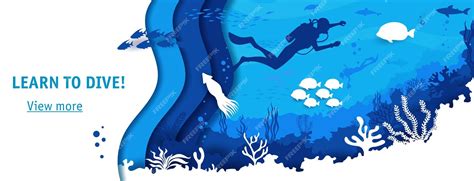 다이버 실루엣과 바다 상어가 있는 스쿠버 다이빙 클럽의 랜딩 페이지 벡터 수중 종이 컷 풍경 바다 또는 산호초 물고기의 페이퍼컷