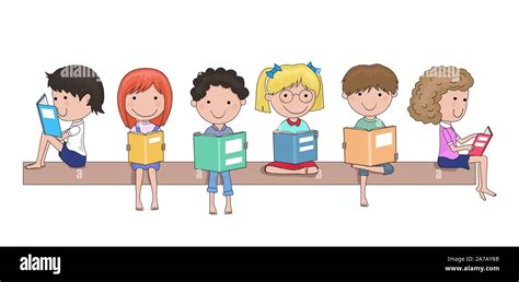 Happy School Children Reading Books In Their Hands Cartoon Grouped