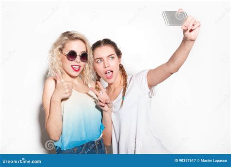 Friends Gesturing And Taking Selfie Stock Image Image Of Model Posing 90357617