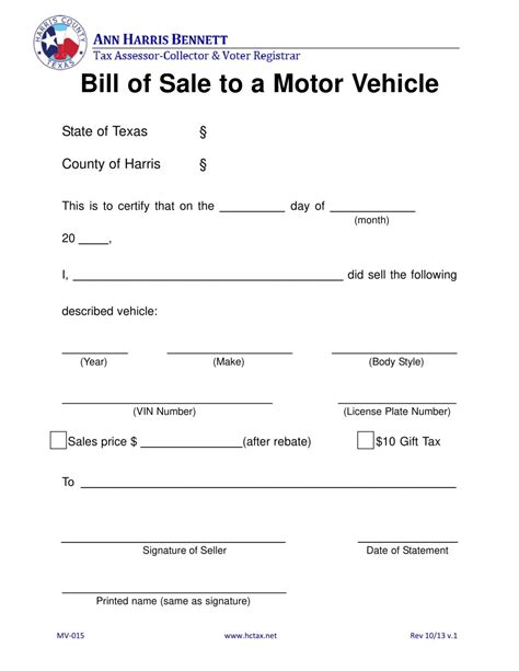 Free Printable Motor Vehicle Bill Of Sale
