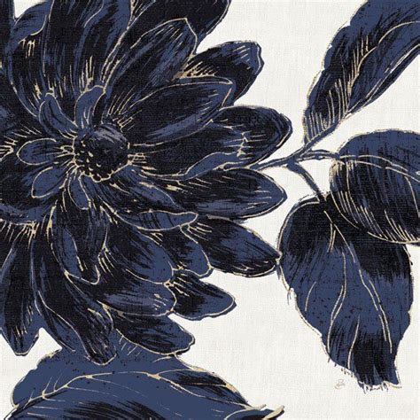Gango Home Decor Stunning Navy Blue And Gold Flower Print Set Two