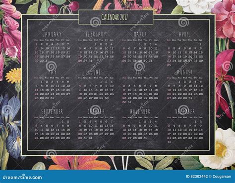 Retro Calendar On Blackboard Background With Floral Border Stock Photo