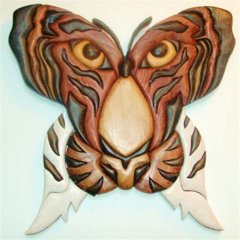Intarsia Woodworking Tiger Butterfly Sculpture