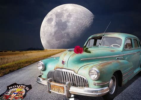 Hd Wallpaper Classic Green Car Parked Near Moon Oldtimer Old Car
