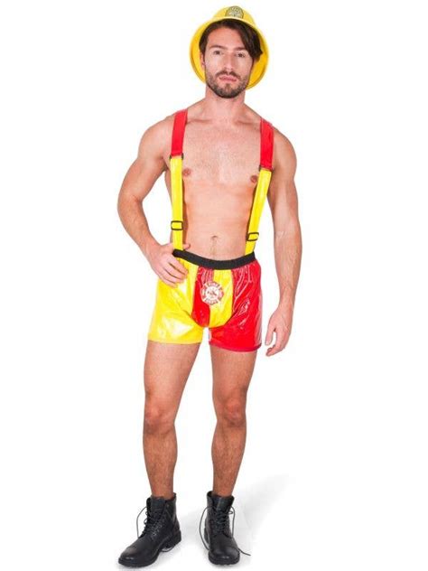 yellow and red fireman costume mens hot stuff firefighter outfit