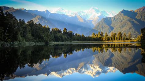 배경 화면 1920x1080px 숲 언덕 호수 경치 거울을 쓴 산 자연 뉴질랜드 반사 하늘 눈 덮인 피크