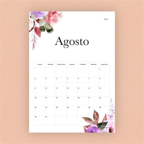 Calendario di agosto 2021 stampabile. Calendario para imprimir 2021 gratis - Papelería para Imprimir