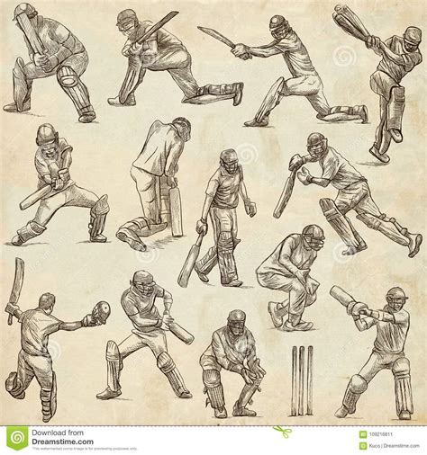 Cricket Sport Collection Cricketers Full Sized Hand Drawings O Stock