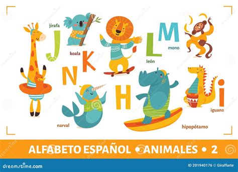 Spanish Language Alphabet Poster With Cartoon Animals Stock Vector