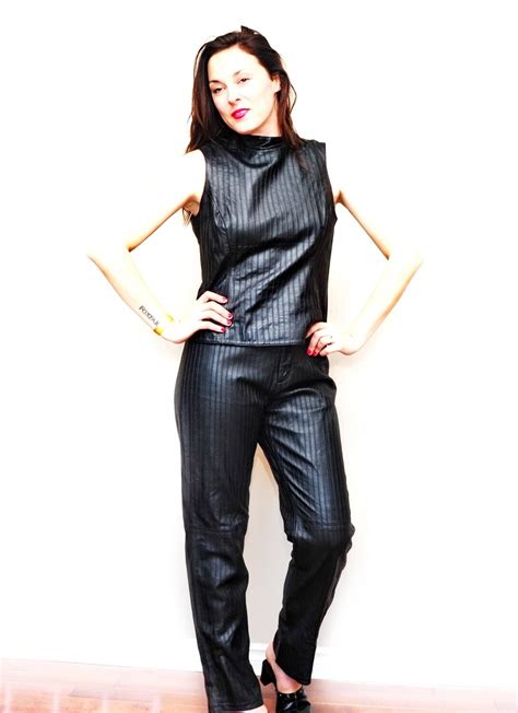 Vintage Sexy Black Leather Pin Stripe Vixen Pant Suit