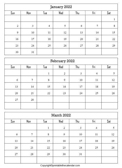 January February March 2022 Calendar Free Printable Template