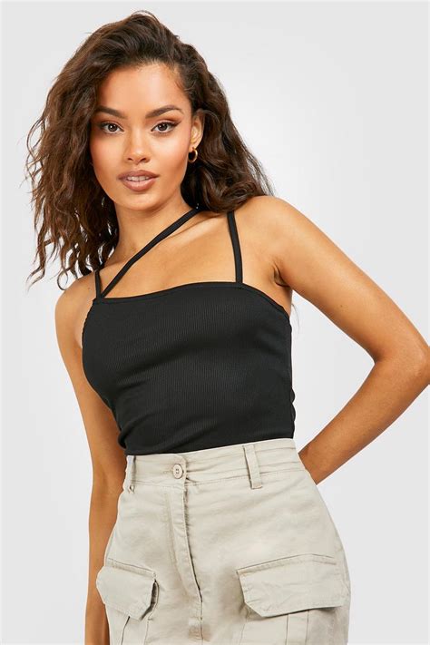 Women S Black Strappy Asym Rib Crop Top Boohoo Uk