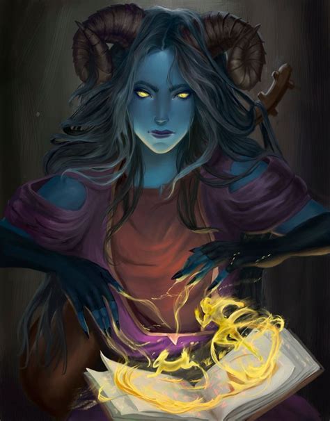 Female Blue Skinned Tiefling Wizard With Spellbook Flame Spell