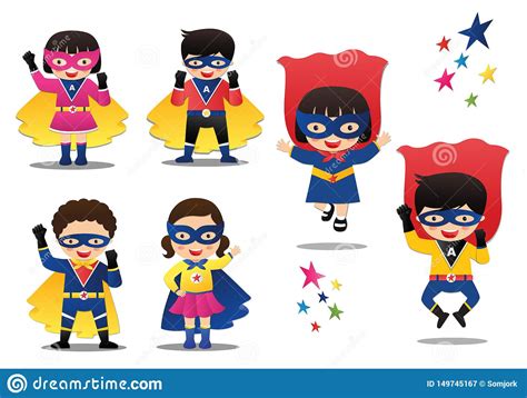 Cartoon Vector Illustration Of Superhero Kids Boys And Girls Wearing