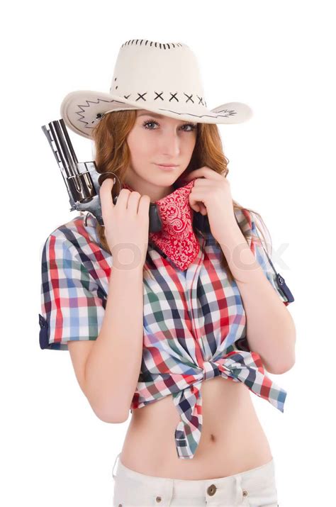 Rothaarige Cowgirl Mit Waffe Die Isoliert Auf Weiss Stock Bild
