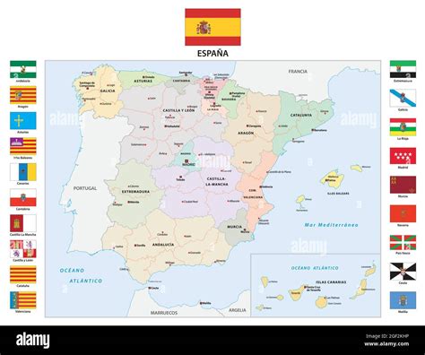 Vector Map Of The Autonomous Regions Of Spain With Flag Stock Vector