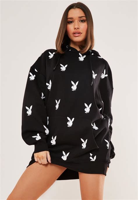 Playboy X Missguided Tall Black Repeat Print Oversized Hoodie Dress