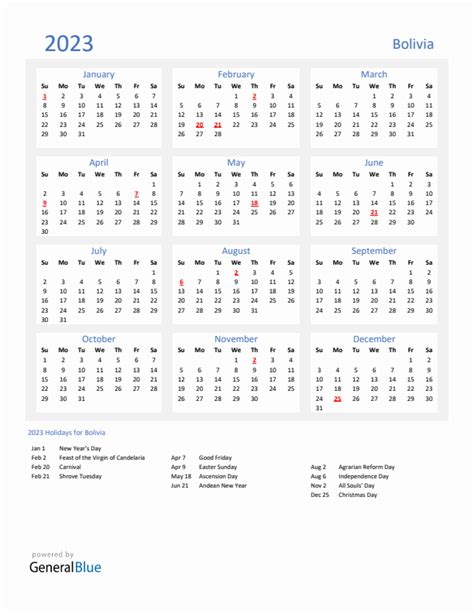 Basic Yearly Calendar With Holidays In Bolivia For 2023