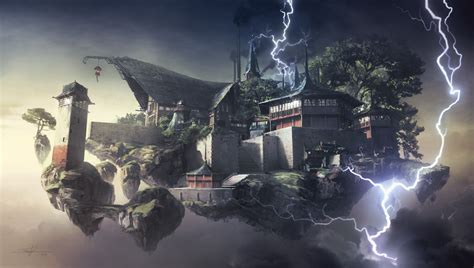 Lightning Near Temple Digital Wallpaper Fantasy Art Digital Art