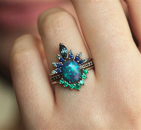 Black Opal Ring Set Unique Engagement Set Teal Blue Wedding Etsy