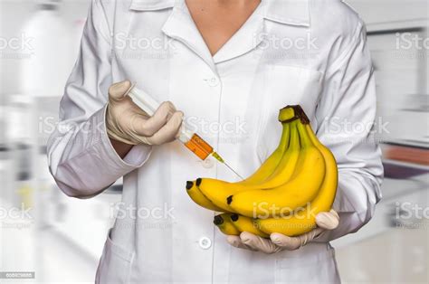 Scientist Injecting Liquid From Syringe Into Bananas Stock Photo