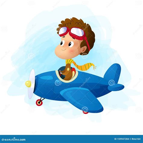 Cute Cartoon Boy Flying Plane Vector Illustration Stock Vector