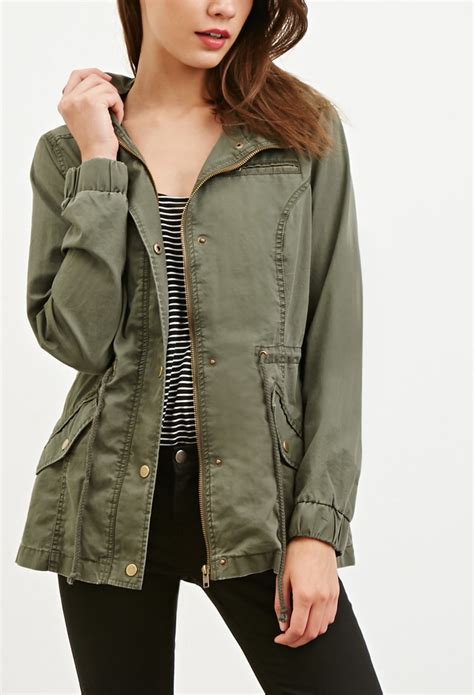 Jacket print outwear , jacket korean woman , casual hood jacket women , embroidery jacket woman , army coat women. Lyst - Forever 21 Hooded Drawstring Utility Jacket in Green