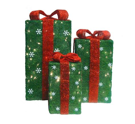 Set Of 3 Lighted Tall Green Sisal T Boxes Christmas Outdoor