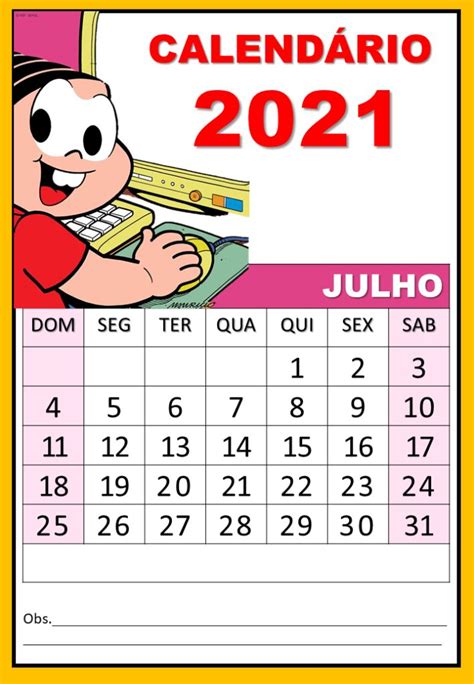 Calendário Da Turma Da Mônica 2021 Em 2021 Calendário Calendário