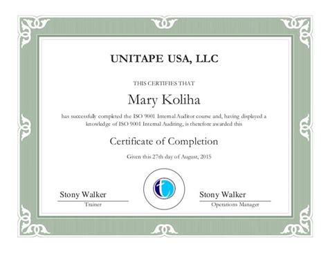 Mary Iso Auditor Training Certificate