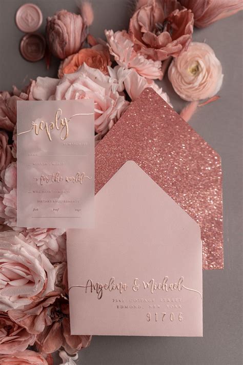 Luxury Rose Gold Wedding Invitations Glamour Pink Glitter Wedding Invites Elegant White Vellum