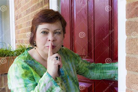 Woman Spying Near Door Of Neighbour Stock Image Image Of Neighbour