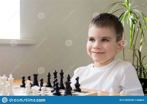 Smiling Preschool Boy Playing Chess Board Games Stock Photo Image Of