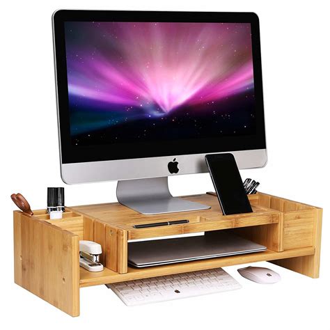 Bamboo 2 Tier Monitor Stand Riser With Adjustable Storage Organizer