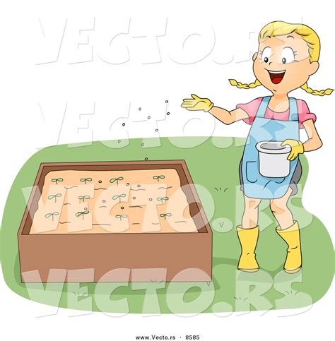 Cartoon Vector Of A Happy Girl Fertilizing Plants In A Raised Garden